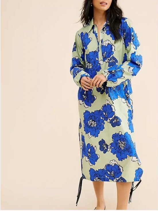 Anthropologie Dresses & Skirts - Anthropologie Dhruv Kapoor Floral Midi Shirtdress Cotton Blue Green Dress size M